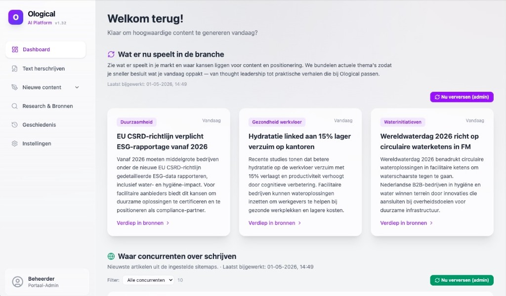 Dashboard van het Ological AI-platform met research en concurrentie-inzichten.
