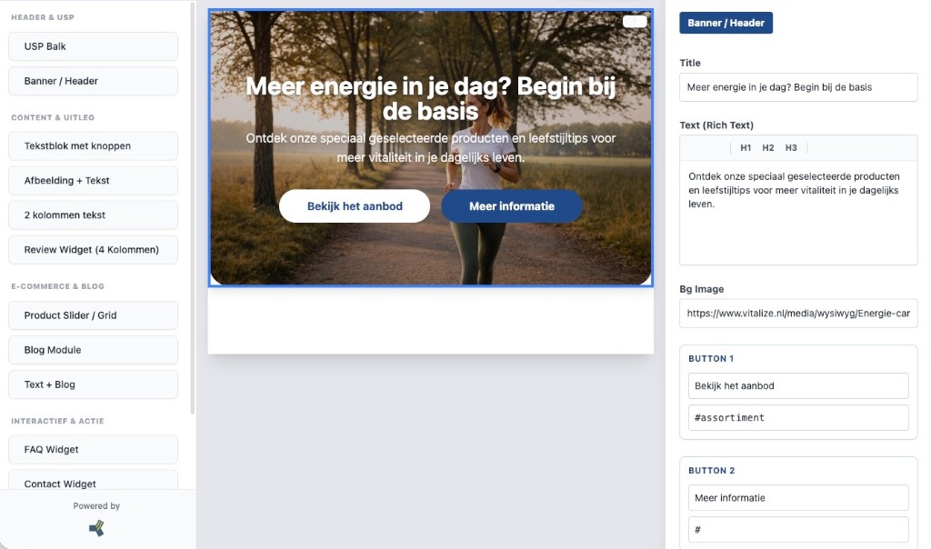 Scherm van de Vitalize Magento Hyvä page builder met drag-and-drop componenten.